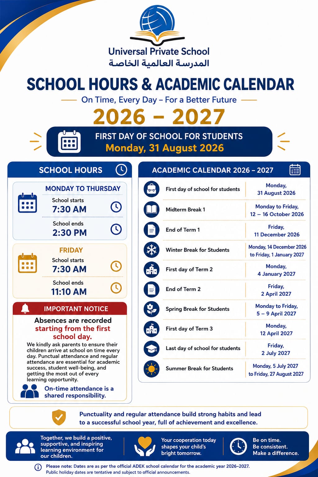 School Hours and Academic Calendar 2026-2027 - English